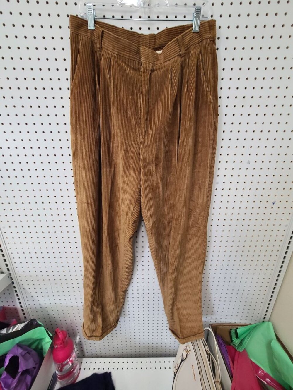 Smokey Joes Mens Brown Corduroy Pleated Pants With Button Pocket Classic Style